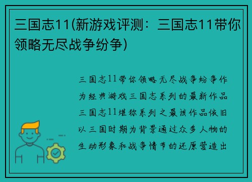 三国志11(新游戏评测：三国志11带你领略无尽战争纷争)
